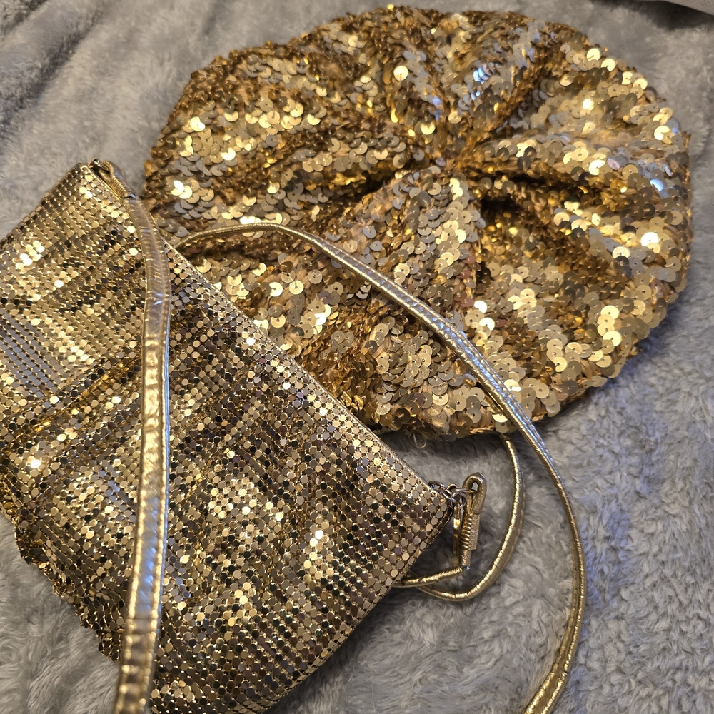 Gold Sequin Beret unbranded and Whiting & Davis Clutch - Picture 2 of 7